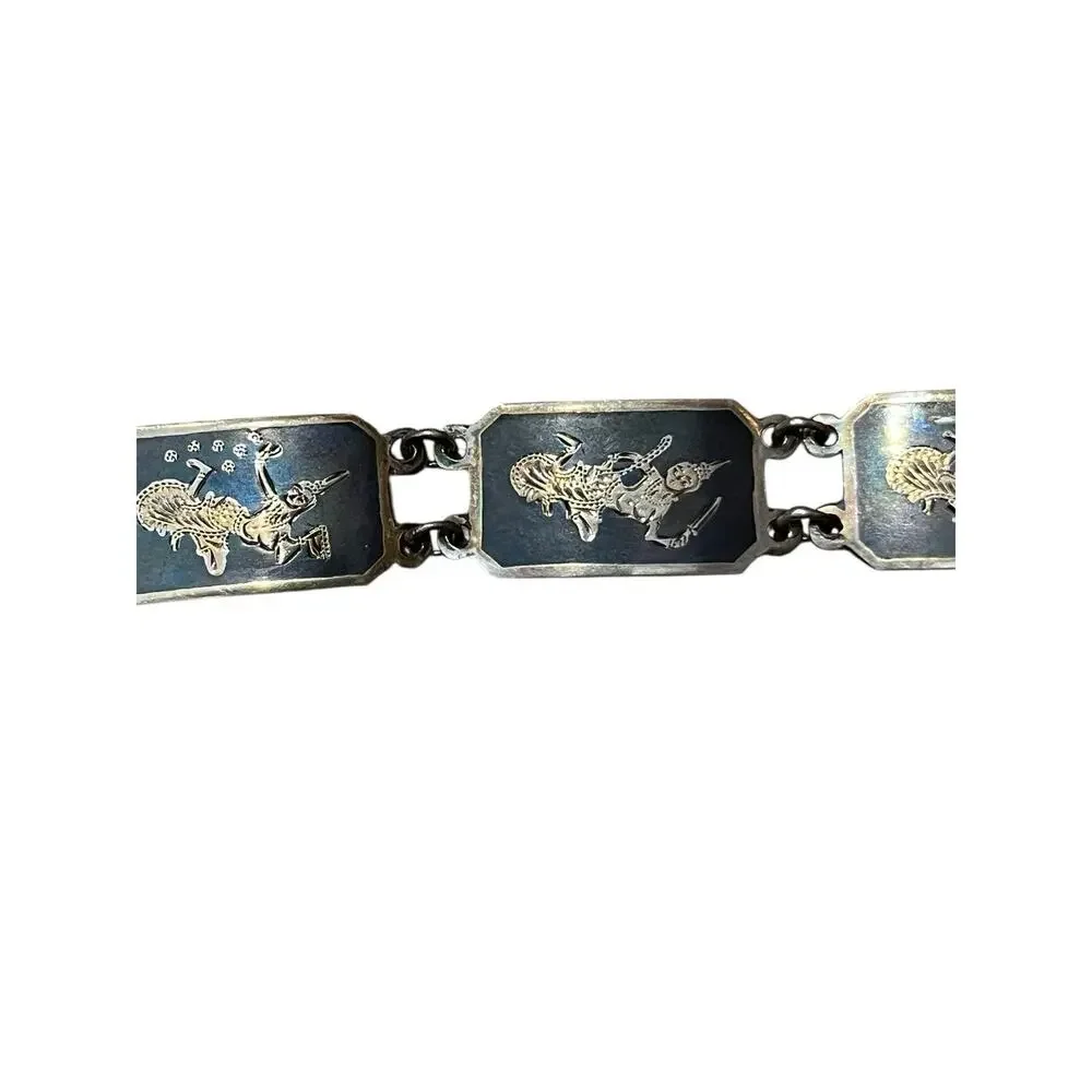 Vtg sterling Thai Siam Nielloware Link 8” bracelet & Earrings (1.25”)